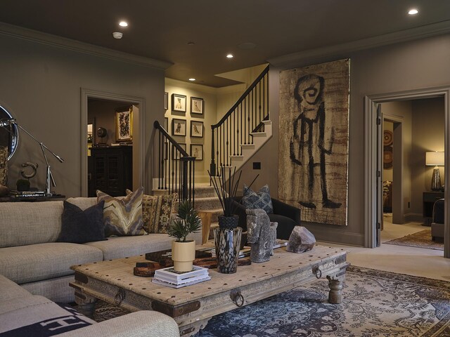 4516 Shys Hill Rd, Nashville, TN 37215 - living room with crown molding, stairway, and recessed lighting