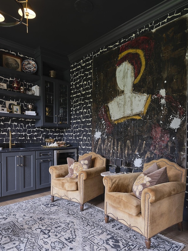 4516 Shys Hill Rd, Nashville, TN 37215 - indoor wet bar featuring crown molding, decorative backsplash, and wine cooler
