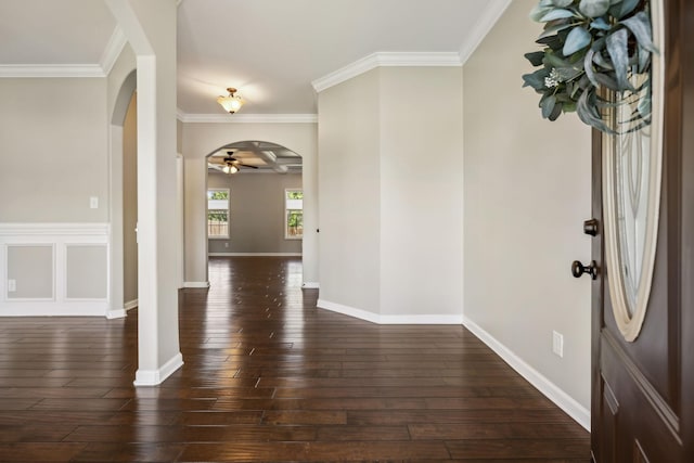 3296 Wiser Dr, Clarksville, TN 37042 - entryway featuring arched walkways, a ceiling fan, dark wood finished floors, and ornamental molding