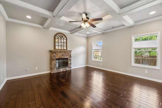 3296 Wiser Dr, Clarksville, TN 37042 - unfurnished living room with a fireplace, a ceiling fan, hardwood / wood-style flooring, beam ceiling, and coffered ceiling