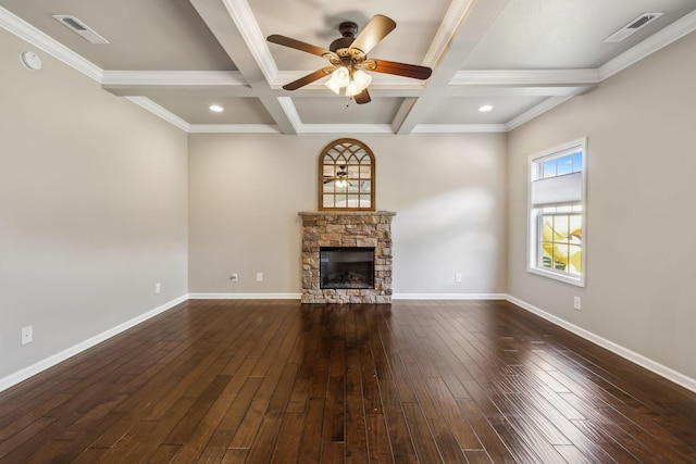 3296 Wiser Dr, Clarksville, TN 37042 - unfurnished living room with a ceiling fan, a stone fireplace, beam ceiling, dark wood-style flooring, and coffered ceiling