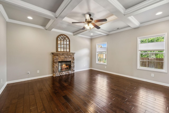 3296 Wiser Dr, Clarksville, TN 37042 - unfurnished living room featuring hardwood / wood-style floors, a ceiling fan, beam ceiling, a fireplace, and coffered ceiling