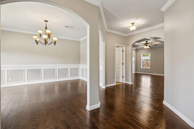 3296 Wiser Dr, Clarksville, TN 37042 - foyer entrance featuring arched walkways, a ceiling fan, dark wood finished floors, a chandelier, and ornamental molding