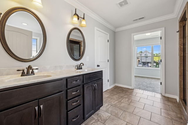 3296 Wiser Dr, Clarksville, TN 37042 - bathroom featuring double vanity, ornamental molding, and a shower