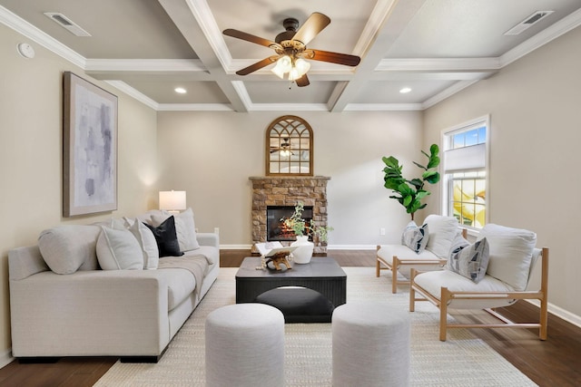 3296 Wiser Dr, Clarksville, TN 37042 - living area featuring a ceiling fan, beamed ceiling, wood finished floors, a stone fireplace, and coffered ceiling