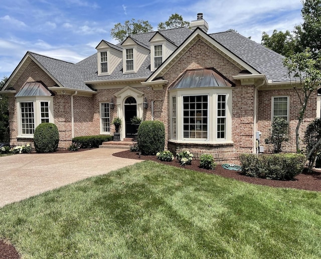 504 Chippenham Ct, Franklin, TN 37069 - view of front of house with a shingled roof, brick siding, a chimney, and a front yard
