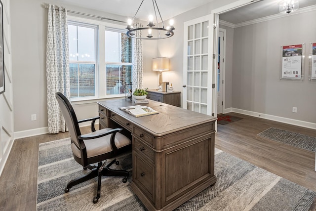 800 Cawthorn Ln, Mount Juliet, TN 37122 - home office featuring baseboards, dark wood-style flooring, a chandelier, crown molding, and french doors