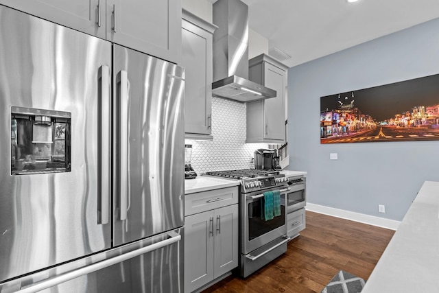 516 27th Ave N Unit 6, Nashville, TN 37209 - kitchen with stainless steel appliances, wall chimney range hood, gray cabinets, baseboards, and backsplash