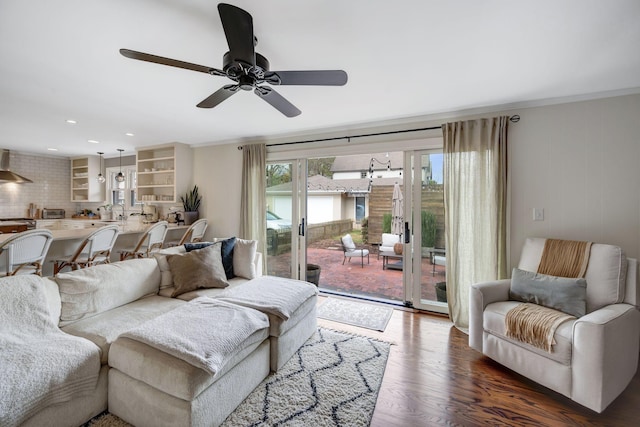 418 Boyd Mill Ave, Franklin, TN 37064 - living area featuring ornamental molding, dark wood-style floors, ceiling fan, and recessed lighting