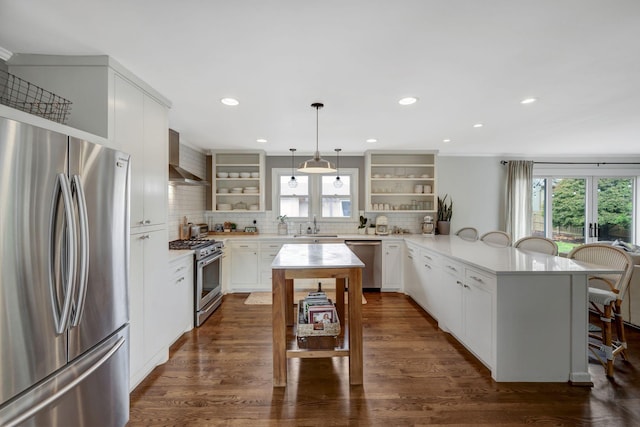 418 Boyd Mill Ave, Franklin, TN 37064 - kitchen featuring stainless steel appliances, open shelves, a peninsula, a sink, and recessed lighting