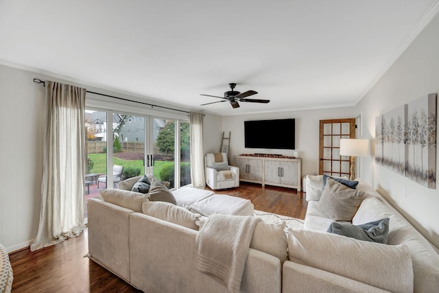 418 Boyd Mill Ave, Franklin, TN 37064 - living room with ornamental molding, ceiling fan, dark wood-style floors, and baseboards
