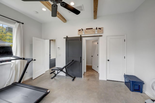 418 Boyd Mill Ave, Franklin, TN 37064 - workout room with a ceiling fan, baseboards, a barn door, and recessed lighting