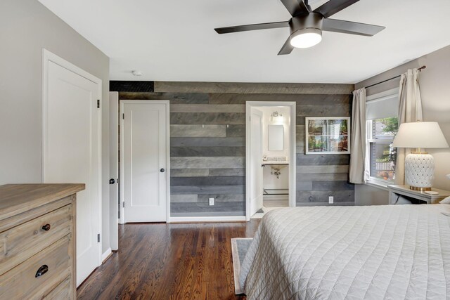 418 Boyd Mill Ave, Franklin, TN 37064 - bedroom with wood finished floors, baseboards, wood walls, ceiling fan, and ensuite bathroom