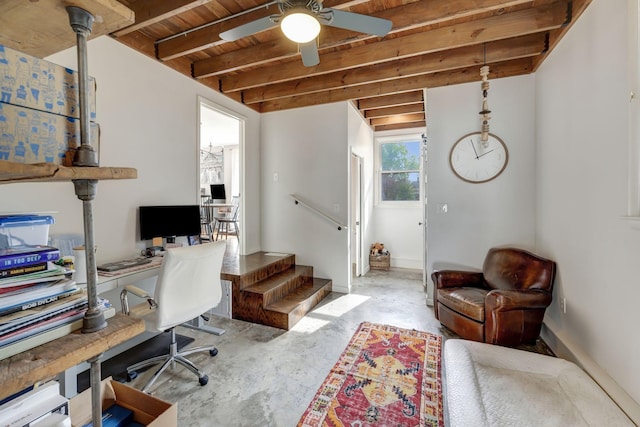418 Boyd Mill Ave, Franklin, TN 37064 - office with a ceiling fan, concrete floors, and wooden ceiling with exposed beams