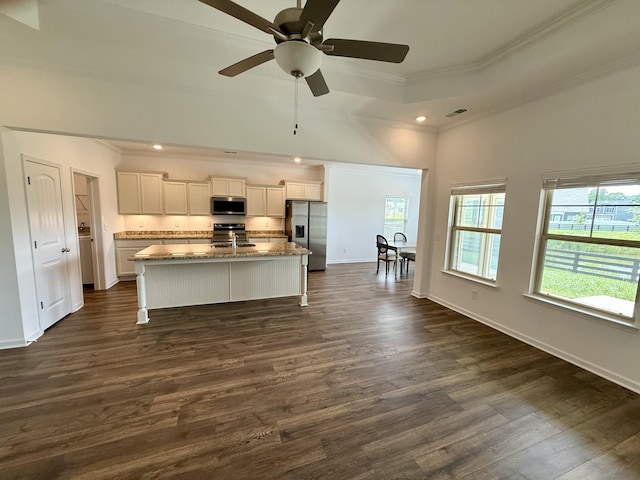 1020 Wiseman Farm Rd, Fairview, TN 37062 - kitchen featuring stainless steel appliances, ornamental molding, an island with sink, recessed lighting, and ceiling fan