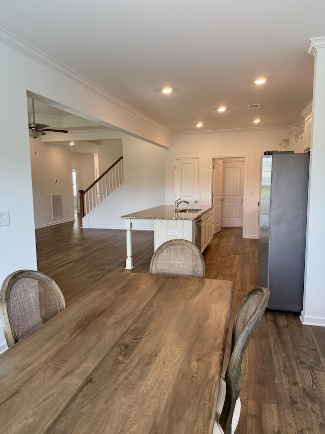 1020 Wiseman Farm Rd, Fairview, TN 37062 - dining space featuring dark wood-style flooring, stairway, a ceiling fan, ornamental molding, and recessed lighting