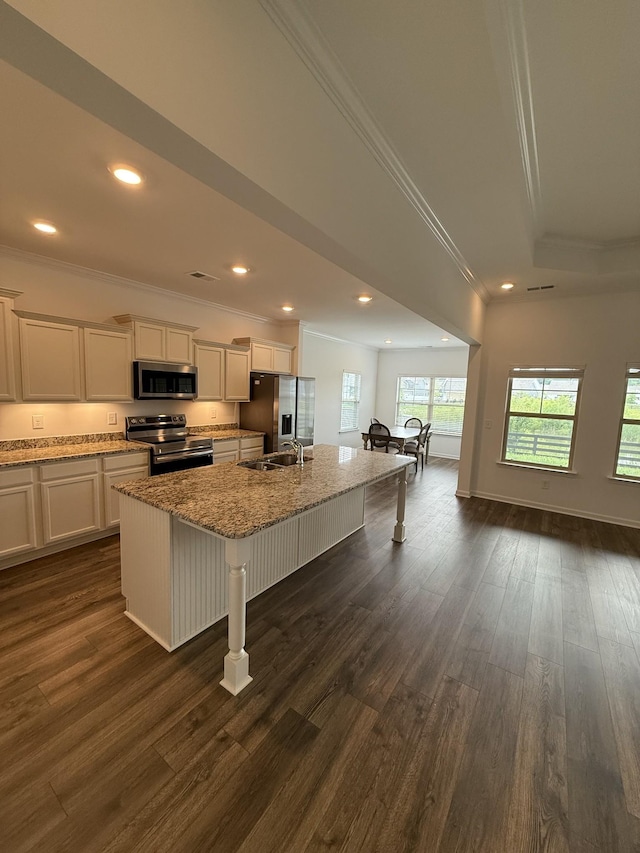 1020 Wiseman Farm Rd, Fairview, TN 37062 - kitchen featuring stainless steel appliances, ornamental molding, dark wood-style floors, a center island with sink, and light stone counters