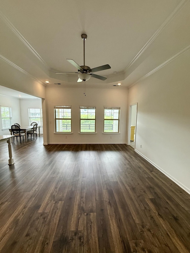1020 Wiseman Farm Rd, Fairview, TN 37062 - unfurnished living room featuring ornamental molding, a tray ceiling, a ceiling fan, healthy amount of natural light, and recessed lighting