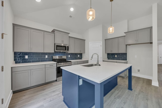 8545 Ari Ln, Chattanooga, TN 37421 - kitchen with stainless steel appliances, a sink, gray cabinets, backsplash, and high vaulted ceiling