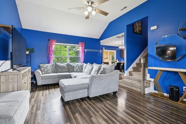1217 Merritt Hill Trl, Smyrna, TN 37167 - living area featuring wood finished floors, a ceiling fan, stairway, and high vaulted ceiling