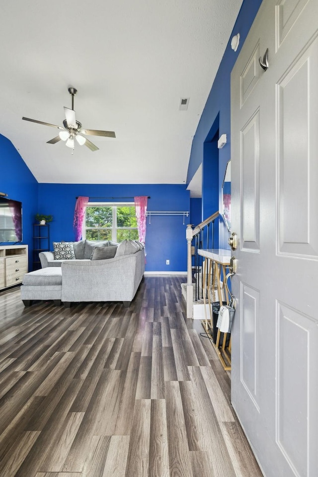 1217 Merritt Hill Trl, Smyrna, TN 37167 - living room with vaulted ceiling, ceiling fan, wood finished floors, stairway, and baseboards