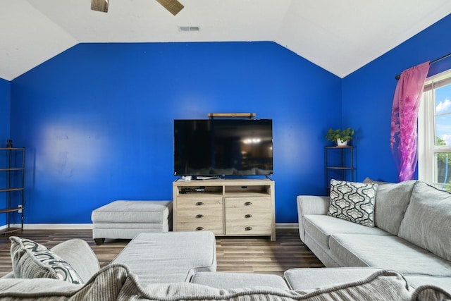 1217 Merritt Hill Trl, Smyrna, TN 37167 - living area featuring vaulted ceiling, wood finished floors, a ceiling fan, and baseboards