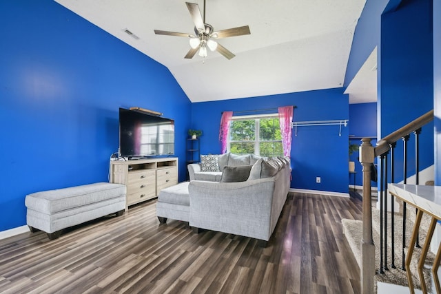 1217 Merritt Hill Trl, Smyrna, TN 37167 - living area featuring wood finished floors, ceiling fan, vaulted ceiling, stairs, and baseboards