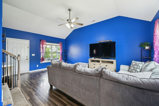 1217 Merritt Hill Trl, Smyrna, TN 37167 - living room featuring vaulted ceiling, ceiling fan, dark wood finished floors, stairs, and baseboards