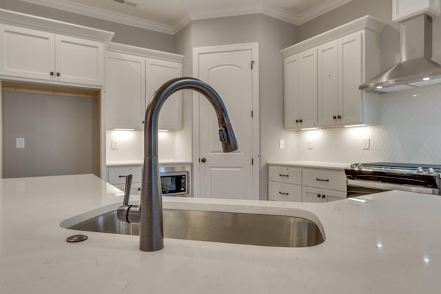 7137 Frances St, Fairview, TN 37062 - kitchen featuring wall chimney exhaust hood, a sink, stainless steel electric range, white cabinetry, and crown molding