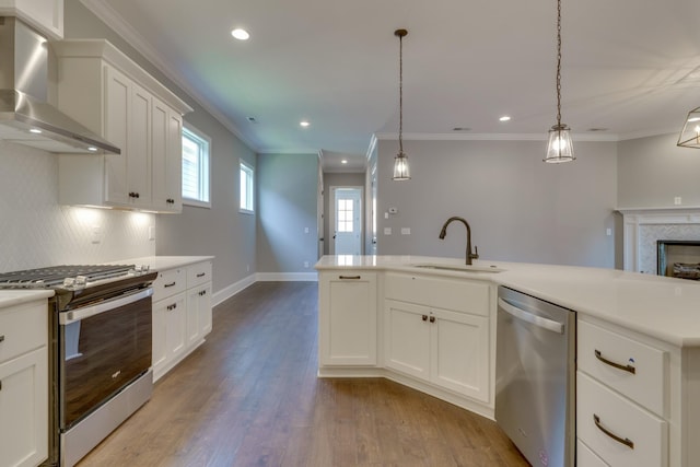 7137 Frances St, Fairview, TN 37062 - kitchen featuring stainless steel appliances, wall chimney exhaust hood, a sink, decorative backsplash, and light countertops