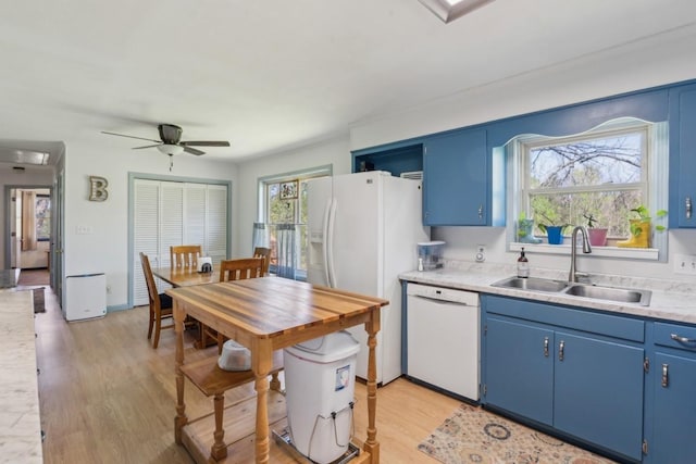 1190 Corum Hill Rd, Castalian Springs, TN 37031 - kitchen featuring white appliances, blue cabinets, a sink, and a ceiling fan