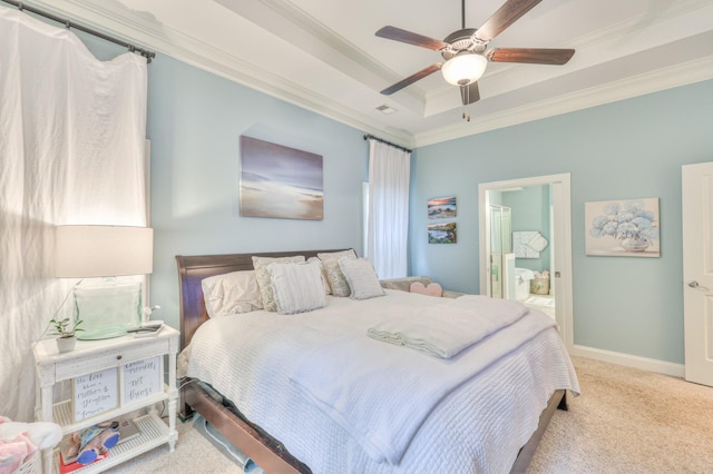 3433 Cortona Way, Murfreesboro, TN 37129 - bedroom featuring ornamental molding, carpet floors, a tray ceiling, baseboards, and a ceiling fan