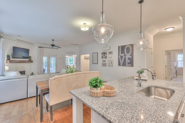3433 Cortona Way, Murfreesboro, TN 37129 - kitchen featuring a sink, ornamental molding, a ceiling fan, washer / clothes dryer, and light wood-type flooring