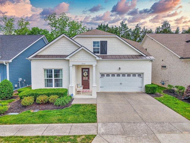 3433 Cortona Way, Murfreesboro, TN 37129 - craftsman-style house with a standing seam roof, a garage, driveway, and metal roof