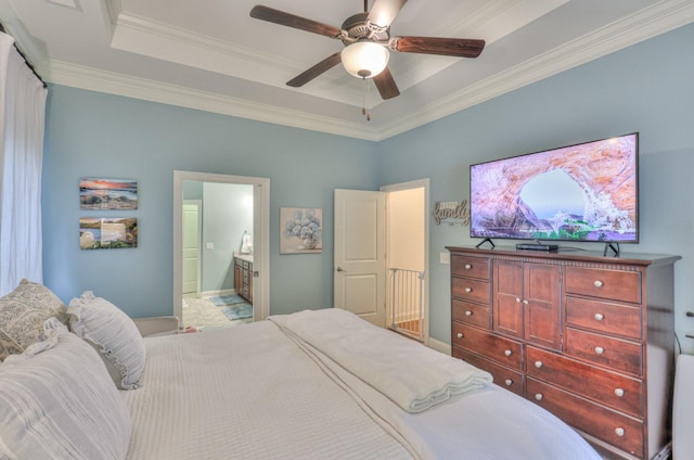 3433 Cortona Way, Murfreesboro, TN 37129 - bedroom featuring a tray ceiling, ornamental molding, baseboards, connected bathroom, and ceiling fan