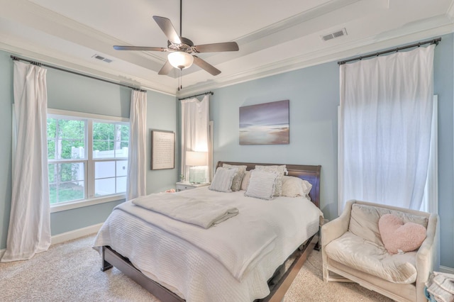 3433 Cortona Way, Murfreesboro, TN 37129 - carpeted bedroom featuring crown molding, a raised ceiling, baseboards, and ceiling fan
