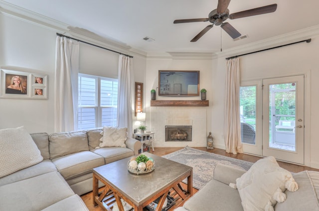 3433 Cortona Way, Murfreesboro, TN 37129 - living area featuring plenty of natural light, ceiling fan, a fireplace, and ornamental molding