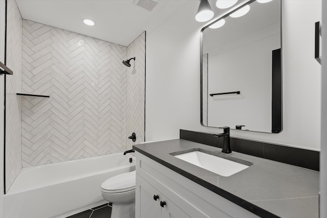 329 Lawndale Dr, Nashville, TN 37217 - full bathroom featuring toilet, vanity, shower / bathtub combination, tile patterned floors, and recessed lighting