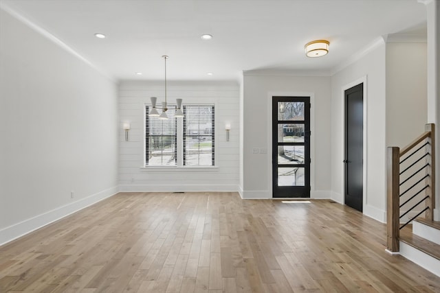 329 Lawndale Dr, Nashville, TN 37217 - entryway with ornamental molding, light wood-style flooring, stairway, a chandelier, and baseboards