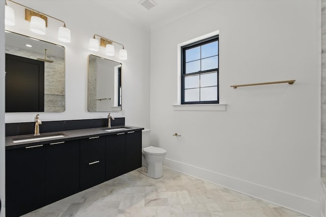 329 Lawndale Dr, Nashville, TN 37217 - full bath featuring marble look tiles, double vanity, toilet, baseboards, and a shower