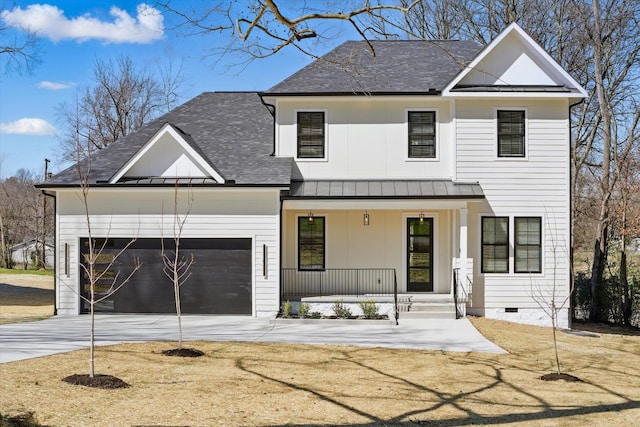 329 Lawndale Dr, Nashville, TN 37217 - modern farmhouse style home featuring covered porch, a standing seam roof, roof with shingles, concrete driveway, and board and batten siding