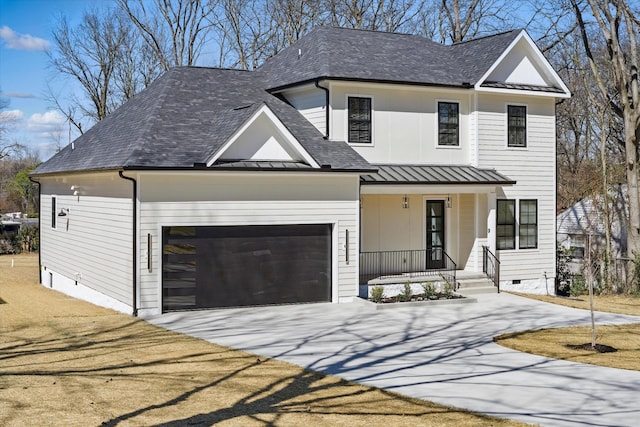 329 Lawndale Dr, Nashville, TN 37217 - modern inspired farmhouse featuring covered porch, concrete driveway, a standing seam roof, and roof with shingles