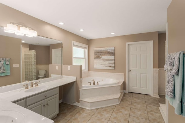 1056 Gilmore Hill Rd, Lebanon, TN 37087 - bathroom with double vanity, a garden tub, tile patterned flooring, recessed lighting, and toilet