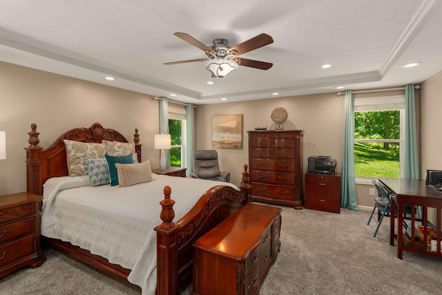 1056 Gilmore Hill Rd, Lebanon, TN 37087 - bedroom featuring a raised ceiling, recessed lighting, light colored carpet, and a ceiling fan