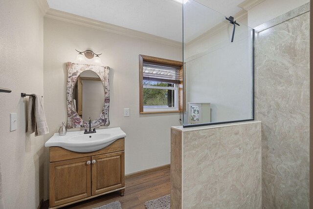 10669 S Windrow Rd, Rockvale, TN 37153 - bathroom featuring crown molding, wood finished floors, a walk in shower, and vanity