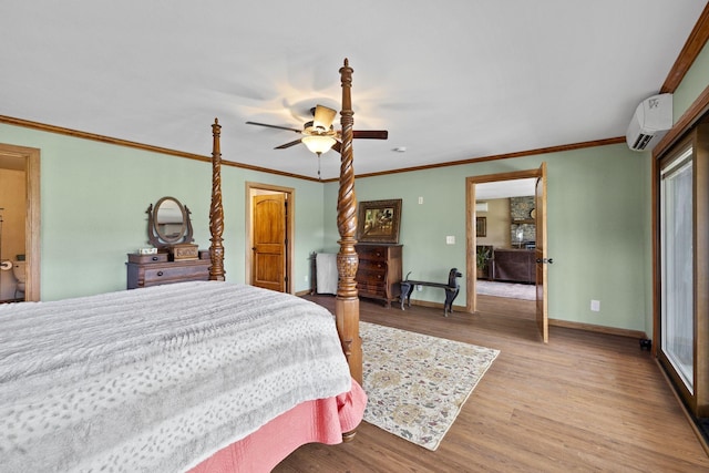 10669 S Windrow Rd, Rockvale, TN 37153 - bedroom featuring a wall mounted AC, light wood-style floors, baseboards, crown molding, and ceiling fan