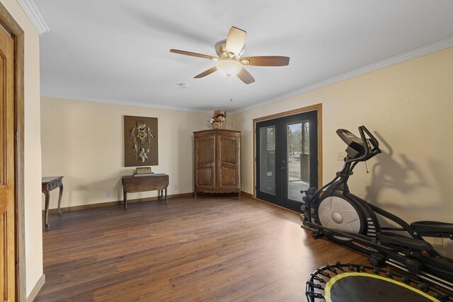 10669 S Windrow Rd, Rockvale, TN 37153 - workout room featuring ornamental molding, wood finished floors, a ceiling fan, baseboards, and french doors