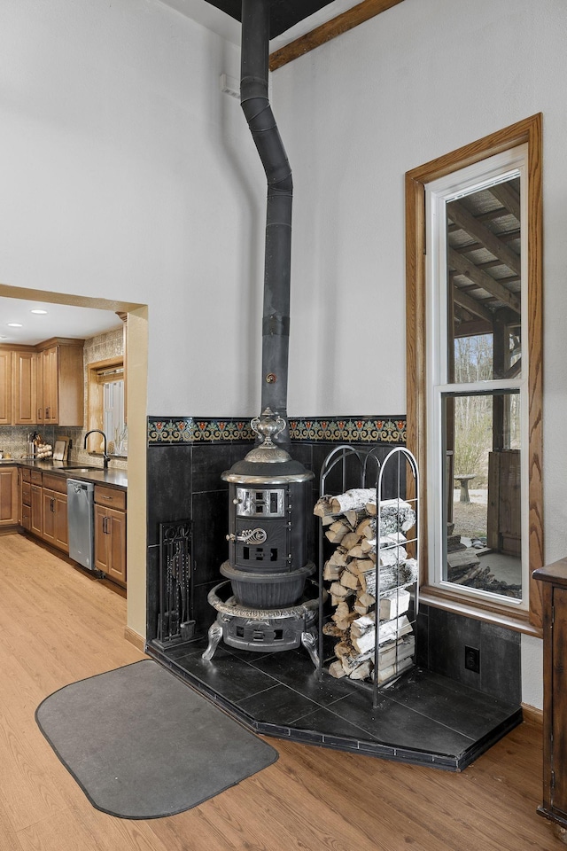 10669 S Windrow Rd, Rockvale, TN 37153 - detailed view of stainless steel dishwasher, a wood stove, wood finished floors, and a sink