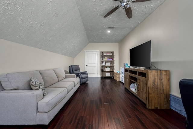 11 Walnut Creek Dr, Manchester, TN 37355 - living area with a textured ceiling, hardwood / wood-style flooring, a ceiling fan, built in shelves, and lofted ceiling