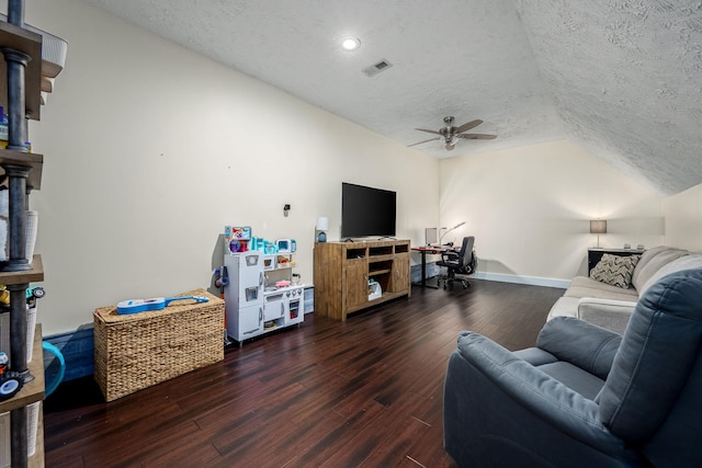 11 Walnut Creek Dr, Manchester, TN 37355 - living room featuring a textured ceiling, wood finished floors, ceiling fan, vaulted ceiling, and baseboards